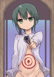 Rule 34 | 1girl, aiming, aiming at viewer, bottomless, breasts, convenient censoring, cool-kyou shinja, dress shirt, female pov, finger on trigger, green eyes, green hair, gun, hair between eyes, half-closed eyes, handgun, highres, holding, holding gun, holding weapon, jitome, kino (kino no tabi), kino no tabi, long sleeves, looking at viewer, mirror, open clothes, open shirt, out-of-frame censoring, parted lips, pov, revolver, shirt, short hair, short hair with long locks, sidelocks, small breasts, solo, target, upper body, weapon