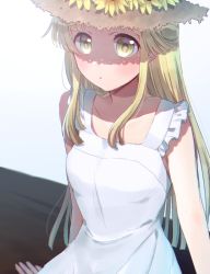 Rule 34 | 1girl, :o, bang dream!, blonde hair, blush, breasts, commentary request, cowboy shot, day, dress, flower, frilled straps, harusawa, hat, hat flower, light, long hair, looking at viewer, shadow, sidelocks, sitting, small breasts, solo, straw hat, sundress, sunflower, tsurumaki kokoro, white background, white dress, yellow eyes