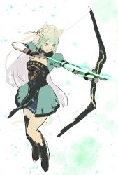 Rule 34 | 1girl, ahoge, aiming, animal ears, arrow (projectile), atalanta (fate), bad id, bad twitter id, blonde hair, boots, bow (weapon), braid, breasts, cat ears, closed mouth, fate/apocrypha, fate (series), french braid, full body, gradient hair, green eyes, green hair, green skirt, highres, holding, holding arrow, holding bow (weapon), holding weapon, long hair, medium breasts, multicolored hair, pelvic curtain, sankomichi, showgirl skirt, sketch, skirt, solo, weapon