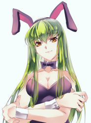 Rule 34 | 1girl, alternate costume, animal ears, bare shoulders, black bow, black bowtie, black leotard, bow, bowtie, breasts, c.c., closed mouth, code geass, collarbone, detached collar, eyebrows, fake animal ears, from below, green hair, hair between eyes, hairband, large breasts, leotard, long hair, looking at viewer, looking down, meimi k, playboy bunny, rabbit ears, simple background, smile, solo, strapless, strapless leotard, upper body, wrist cuffs, yellow eyes