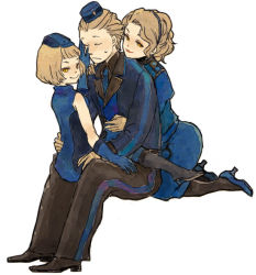 Rule 34 | 1boy, 2girls, atlus, black legwear, blonde hair, boots, brother and sister, elizabeth (persona), family, girl sandwich, hat, high heels, invisible chair, johnson, kneeling, margaret, margaret (persona), multiple girls, pantyhose, persona, persona 3, persona 3 portable, persona 4, sandwiched, shoes, short hair, siblings, silver hair, sisters, sitting, sleeveless, theodore (persona), time paradox, wavy hair, white background, yellow eyes
