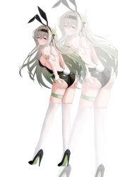 1girl absurdres alternate_costume animal_ear_hairband animal_ears ass backless_leotard bare_back black_footwear black_hair black_leotard blush breasts fake_animal_ears fake_tail fingernails firefly_(honkai:_star_rail) from_behind green_nails grey_hair hair_between_eyes hairband high_heels highres honkai:_star_rail honkai_(series) large_breasts leaning_forward leotard long_hair looking_at_viewer looking_to_the_side nail_polish playboy_bunny purple_eyes rabbit_ears rabbit_tail tail themaree thigh_strap thighhighs very_long_hair white_thighhighs white_wrist_cuffs wrist_cuffs zoom_layer