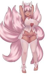 Rule 34 | 1girl, :d, animal ear fluff, animal ears, armpits, arms behind head, arms up, bare arms, barefoot, blush, bow, bow panties, breasts, cleavage cutout, clothing cutout, covered erect nipples, dark-skinned female, dark skin, detached pants, fang, fox ears, fox tail, full body, groin, halo, heart, heart-shaped pupils, heart cutout, highres, houri (monster girl encyclopedia), kemonomimi mode, kitsune, kyuubi, large breasts, long hair, looking at viewer, lowleg, lowleg panties, monster girl encyclopedia, multiple tails, nav (itsnav), open mouth, panties, pink bow, pink eyes, pink hair, pink panties, see-through, simple background, smile, solo, standing, symbol-shaped pupils, tail, underwear, white background