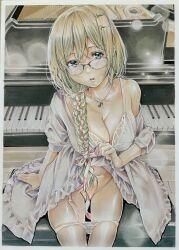 Rule 34 | 1girl, absurdres, babydoll, blonde hair, braid, breasts, cleavage, collarbone, covered erect nipples, glasses, hair ornament, hair ribbon, hairclip, highres, instrument, jewelry, katsu (24791909), long hair, looking at viewer, marker (medium), medium breasts, musical note necklace, necklace, original, panties, panty pull, piano, pink ribbon, ribbon, single off shoulder, sitting, solo, thighs, traditional media, underwear, white babydoll, white panties