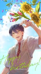 Rule 34 | 1boy, brown sweater vest, collared shirt, dated, flower, green eyes, happy birthday, highres, kenmochi touya, male focus, necktie, nijisanji, open mouth, purple hair, red flower, red necktie, shirt, short sleeves, sky, smallhouse live, smile, solo, sunflower, sweater vest, tulip, virtual youtuber, white shirt