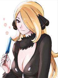 Rule 34 | 1girl, blonde hair, breasts, cleavage, closed mouth, creatures (company), cynthia (pokemon), food, fur collar, game freak, hair ornament, hair over one eye, heart, highres, holding, holding food, holding popsicle, large breasts, long hair, looking at viewer, nintendo, poke ball, pokemon, pokemon dppt, popsicle, simple background, smile, solo, tommy (kingdukeee), upper body, v-neck, white background