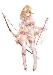Rule 34 | 1girl, aqua eyes, arrow (projectile), asymmetrical legwear, blonde hair, boots, bow, bow (weapon), breasts, capelet, cleavage, elf, expressionless, flower, full body, hair flower, hair ornament, highres, holding, holding arrow, holding bow (weapon), holding weapon, kekemotsu, large breasts, long hair, looking at viewer, mismatched legwear, original, pointy ears, ponytail, quiver, revealing clothes, ribbed legwear, simple background, solo, thigh boots, thighhighs, weapon, white background, white thighhighs