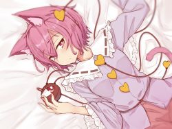 Rule 34 | 1girl, animal ear fluff, animal ears, bed sheet, blouse, blue shirt, blurry, blush, breasts, bright pupils, buttons, cat day, cat ears, cat tail, closed mouth, embarrassed, eyeball, frilled shirt collar, frilled sleeves, frills, hair between eyes, hair ornament, hairband, half-closed eyes, heart, heart hair ornament, highres, kemonomimi mode, komeiji satori, long sleeves, looking at viewer, lying, on back, pink eyes, pink hair, pink skirt, ribbon-trimmed collar, ribbon trim, senzaicha kasukadoki, shirt, short hair, signature, skirt, small breasts, solo, tail, third eye, touhou, white pupils, wide sleeves