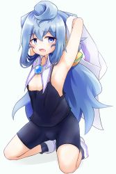 Rule 34 | 10s, 1boy, armpits, arms behind head, blue eyes, blue hair, child, eyebrows, full body, hacka doll, hacka doll 3, highres, long hair, looking at viewer, male focus, matching hair/eyes, nemokakkoii, open mouth, simple background, solo, trap