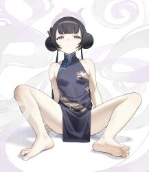 Rule 34 | arms behind back, bare shoulders, barefoot, black dress, black hair, blue archive, blunt bangs, china dress, chinese clothes, double bun, dragon print, dress, feet, full body, grey eyes, hair bun, halo, highres, kisaki (blue archive), legs, long hair, looking at viewer, pelvic curtain, sidelocks, simple background, sitting, soles, songchuan li, spread legs, toenails, toes, twintails