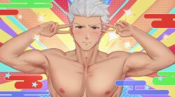 Rule 34 | 1boy, archer (fate), blush, closed mouth, dark-skinned male, dark skin, double v, emotional engine - full drive, fate/grand order, fate/stay night, fate (series), large pectorals, looking at viewer, male focus, muscular, muscular male, pectorals, short hair, sking, solo, star (symbol), topless male, upper body, v, white hair
