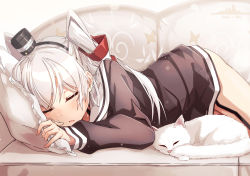 Rule 34 | 1girl, amatsukaze (kancolle), blush, brown dress, cat, closed eyes, commentary request, couch, dress, fang, garter straps, hair between eyes, hair over shoulder, hair tie, hair tubes, hairband, holding, holding pillow, kantai collection, long hair, lying, on side, open mouth, pillow, sailor dress, short dress, sidelocks, silver hair, sleeping, smokestack, solo, takanashi kei (hitsujikan), thighs, two side up, whiskers, white cat