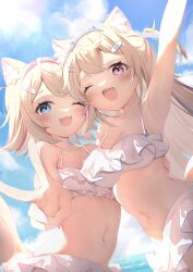 Rule 34 | 2girls, alternate costume, animal ear fluff, animal ears, arm up, armpits, backlighting, bandaid, bandaid hair ornament, bare shoulders, bikini, blonde hair, blue eyes, blue hair, blue hairband, blue sky, blush, breasts, cloud, commentary, day, dog ears, dog girl, dog tail, fang, flat chest, frilled bikini, frills, fuwawa abyssgard, hair ornament, hairband, hairclip, highres, hololive, hololive english, large breasts, lens flare, long hair, looking at viewer, mococo abyssgard, multicolored hair, multiple girls, nail polish, navel, one eye closed, open mouth, outdoors, outstretched arm, pink eyes, pink hair, pink hairband, pink nails, seboneko, short hair, siblings, side-by-side, sisters, skin fang, sky, smile, stomach, streaked hair, swimsuit, tail, tareme, twins, upper body, v, virtual youtuber, water, white bikini