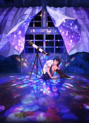 Rule 34 | 1girl, black socks, blue skirt, collared shirt, commentary request, curtains, gemi, highres, kaleidoscope, looking at viewer, looking to the side, original, pleated skirt, purple hair, purple theme, shirt, short sleeves, sitting, skirt, sky, socks, solo, star (sky), starry sky, telescope, white shirt, window