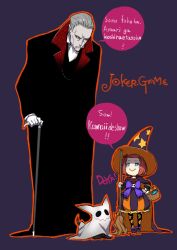 Rule 34 | 1boy, 1girl, age difference, basket, blue eyes, cane, cape, child, copyright name, crescent print, dog, doyagao, emma grane, fangs, ghost costume, grey hair, hair slicked back, halloween, hand on own hip, hat, highres, joker game, looking at another, miwa shirow, pale skin, pantyhose, purple background, red eyes, red hair, romaji text, short hair, simple background, smile, smug, star (symbol), star print, translation request, vampire costume, witch, witch hat, yuuki (joker game)