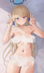 Rule 34 | 1girl, bed sheet, blonde hair, blue archive, blue eyes, blue hair, blue halo, blue nails, blush, breasts, closed mouth, collarbone, cowboy shot, double v, fingernails, halo, highres, long hair, looking at viewer, medium breasts, multicolored hair, nail polish, rryiup, solo, streaked hair, toki (blue archive), v