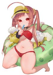 Rule 34 | 1girl, ahoge, azur lane, bare legs, bare shoulders, barefoot, bikini, black choker, brown hair, choker, commentary request, food, food in mouth, fur-trimmed jacket, fur trim, hairpods, halterneck, hand up, holding, holding food, innertube, jacket, karinto yamada, kneeling, long hair, long sleeves, looking at viewer, off shoulder, ping hai (azur lane), ping hai (summer vacation) (azur lane), popsicle, puffy long sleeves, puffy sleeves, red bikini, red eyes, side-tie bikini bottom, signature, simple background, solo, swim ring, swimsuit, thighs, toenails, twintails, very long hair, visor cap, white background, yellow jacket