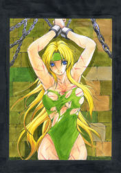 Rule 34 | 1990s (style), 1girl, arms up, bandana, bdsm, blonde hair, blue eyes, bondage, bound, breasts, celes chere, chain, dungeon, female focus, final fantasy, final fantasy vi, headband, large breasts, leotard, long hair, prisoner, rashomon, solo, torn clothes, torture, whip marks