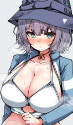 Rule 34 | 1girl, bikini, black hair, black hat, blue archive, blue eyes, blue jacket, blush, breasts, cleavage, collarbone, cropped jacket, hat, highres, jacket, large breasts, long sleeves, looking at viewer, machismo fuji, saki (blue archive), saki (swimsuit) (blue archive), short hair, simple background, solo, sweat, swimsuit, upper body, white background, white bikini