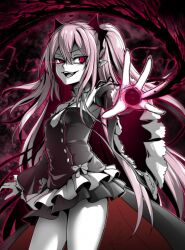 Rule 34 | 1girl, bat (animal), black dress, breasts, cleavage, commission, detached sleeves, dress, ebiblue, fang, gothic lolita, greyscale, highres, krul tepes, lolita fashion, monochrome, neck ribbon, owari no seraph, pink hair, pointy ears, red eyes, ribbon, short dress, skeb commission, slit pupils, small breasts, solo, spot color, thighs, two side up, vampire
