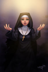Rule 34 | 1girl, april fools, commentary, cross, cross necklace, dr graevling, green eyes, habit, jewelry, lips, necklace, nun, original, solo, sweater girl (dr graevling), traditional nun