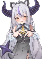 Rule 34 | 1girl, absurdres, ahoge, animal ears, bare shoulders, black horns, black nails, braid, braided bangs, commentary request, detached sleeves, fake animal ears, grey hair, heart, heart-shaped pupils, heart hands, highres, hololive, horns, la+ darknesss, la+ darknesss (1st costume), long hair, masute, multicolored hair, pointy ears, purple hair, streaked hair, striped horns, sweat, symbol-shaped pupils, virtual youtuber, yellow eyes