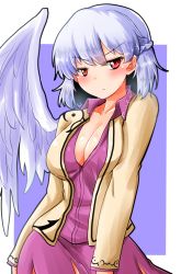 Rule 34 | 1girl, :/, blue hair, blush, braid, breasts, brown jacket, cleavage, closed mouth, collared shirt, contrapposto, cowboy shot, french braid, highres, jacket, kishin sagume, large breasts, long sleeves, looking at viewer, oshiaki, outside border, purple shirt, purple skirt, red eyes, shirt, short hair, single wing, skirt, solo, standing, touhou, white wings, wings