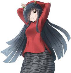 Rule 34 | 1girl, animal print, arms behind head, black hair, black skirt, cone horns, cowboy shot, dated, feet out of frame, hair over one eye, hand on own hip, hayashimo (kancolle), highres, horns, kantai collection, long hair, long shirt, looking at viewer, official alternate costume, one-hour drawing challenge, red eyes, red shirt, redundant-cat, shirt, simple background, skirt, solo, tiger print, twitter username, white background