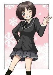 Rule 34 | 1girl, :d, ;d, amagami, black bow, black bowtie, black jacket, black sailor collar, black skirt, black socks, blazer, blush, bob cut, border, bow, bowtie, breasts, brown eyes, brown hair, commentary, emapippi, feet out of frame, gradient background, grin, hand on own hip, hand up, head tilt, highres, jacket, kibito high school uniform, kneehighs, long sleeves, looking at viewer, loose hair strand, messy hair, one eye closed, open mouth, outside border, pink background, pleated skirt, sailor collar, school uniform, shirt, short hair, skirt, small breasts, smile, snowflake background, snowflakes, socks, solo, standing, tachibana miya, w, waving, white border, white shirt