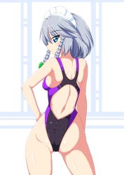 Rule 34 | 1girl, artist request, ass, blue eyes, bow, braid, green bow, hair bow, hand on own hip, izayoi sakuya, looking at viewer, looking back, one-piece swimsuit, silver hair, smile, solo, standing, swimsuit, touhou, twin braids