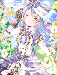 Rule 34 | 1girl, arm up, artist name, artist request, blue hair, blue sky, blush, bow, brown gloves, collared dress, cowboy shot, day, detached collar, dress, female focus, flower, gloves, hair between eyes, hat, long hair, looking at viewer, love live!, love live! school idol festival, love live! school idol project, low ponytail, outdoors, parted lips, ponytail, puffy short sleeves, puffy sleeves, purple bow, purple ribbon, ribbon, ritsuuu18, short sleeves, sky, smile, solo, sonoda umi, standing, table, teapot, thighhighs, yellow eyes