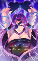 Rule 34 | 1girl, aono shimo, arms up, bad id, bad pixiv id, blindfold, blue ribbon, bound, breasts, cleavage, eyepatch, facial mark, fate/stay night, fate (series), female focus, forehead mark, gloves, highres, large breasts, lips, long hair, medusa (fate), medusa (rider) (fate), purple eyes, purple hair, rei no himo, ribbon, solo, tied up, very long hair