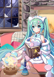 Rule 34 | 1girl, aqua eyes, aqua hair, bare shoulders, bell, bell print, book, commentary, dress, fireplace, fur-trimmed dress, fur-trimmed sleeves, fur trim, glowing, hair ornament, hairclip, hatsune miku, headphones, headset, highres, holding, holding book, homura 0205, long hair, magical mirai (vocaloid), magical mirai miku, magical mirai miku (2020 winter), night, open book, reading, sitting, smile, snowflakes, snowing, solo, twintails, very long hair, vocaloid, white dress, window