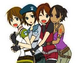 Rule 34 | 4girls, beret, black hair, blue eyes, brown hair, claire redfield, hat, hug, hug from behind, jill valentine, multiple girls, no nose, one eye closed, open mouth, purple eyes, rebecca chambers, resident evil, resident evil 2, resident evil 5, sheva alomar, short hair, smile, syobumoga, wink