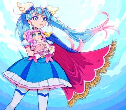 Rule 34 | 2girls, aqua eyes, blue cape, blue dress, blue eyes, blue hair, blue sky, bow, cape, carrying, child carry, closed mouth, cloud, cloudy sky, commentary, cure sky, cut bangs, day, detached sleeves, dress, dress bow, earrings, ellee-chan, english commentary, fingerless gloves, frilled dress, frills, fringe trim, gloves, gradient hair, heart, highres, hirogaru sky! precure, jewelry, long hair, looking to the side, magical girl, multicolored hair, multiple girls, outdoors, pink bow, pink hair, precure, puffy detached sleeves, puffy sleeves, purple hair, red cape, short dress, single sidelock, sky, sleeveless, sleeveless dress, smile, solo, sora harewataru, star samurai, streaked hair, thighhighs, twintails, two-sided cape, two-sided fabric, two-tone dress, two-tone hair, two side up, very long hair, white dress, white gloves, white thighhighs, wind