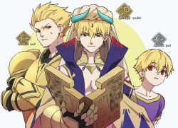 Rule 34 | 3boys, :/, armor, blonde hair, book, child gilgamesh (fate), circlet, closed mouth, commentary request, crossed arms, earrings, fate/grand order, fate (series), gauntlets, gilgamesh, gilgamesh (caster) (fate), gilgamesh (fate), gold armor, hair between eyes, hair slicked back, holding, holding book, horns, jewelry, lock, lock earrings, looking at viewer, male focus, mi (pic52pic), multiple boys, multiple persona, open book, padlock, parted lips, pauldrons, purple shirt, red eyes, shirt, short sleeves, shoulder armor, smile, turban