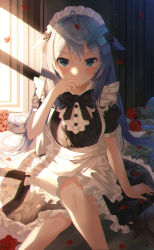 Rule 34 | 1girl, absurdres, ahoge, alternate costume, apron, arm support, black bow, black dress, blue eyes, bow, covering own mouth, dress, enmaided, flower, frilled apron, frills, gosegu, hair between eyes, hair flaps, highres, k.j., long hair, looking at viewer, maid, maid apron, maid headdress, puffy short sleeves, puffy sleeves, red flower, red rose, rose, short sleeves, sitting, solo, tearing up, very long hair, virtual youtuber, waktaverse, white apron, white hair