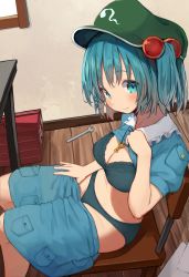 Rule 34 | 1girl, absurdres, black bra, black panties, blue eyes, blue hair, blue shirt, blue skirt, blush, bra, breasts, cleavage, closed mouth, clothes lift, clothes pull, commentary request, flashing, flat cap, frilled shirt collar, frills, green hat, hair bobbles, hair ornament, hat, highres, kappa, kawashiro nitori, key, large breasts, lifting own clothes, looking at viewer, mamemochi, medium breasts, medium hair, miniskirt, on chair, panties, puffy short sleeves, puffy sleeves, shirt, shirt lift, short sleeves, sidelocks, sitting, skirt, skirt pull, smile, solo, touhou, twintails, underwear