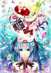 Rule 34 | 1girl, birthday, blue eyes, blue hair, bow, bowtie, cake, cake hat, daisy, floating hair, flower, food, fork, fruit, gift, hair ribbon, hat, hatsune miku, long hair, matching hair/eyes, oharu, ribbon, solo, strawberry, twintails, vocaloid