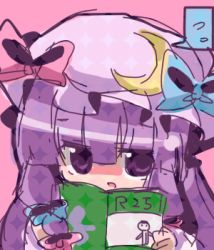 Rule 34 | 1girl, bad id, bad pixiv id, bow, chibi, crescent hat ornament, female focus, hair ribbon, hat, hat ornament, hat ribbon, long hair, lowres, nasa yu, patchouli knowledge, pink bow, purple eyes, ribbon, sketch, solo, touhou, yomﾑ・bad id