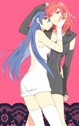 Rule 34 | 10s, 2girls, arm around neck, arm warmers, backless dress, backless outfit, black dress, blue hair, breasts, cleavage, detached sleeves, dress, hand on another&#039;s cheek, hand on another&#039;s face, hand on another&#039;s head, karuha, large breasts, long hair, love live!, love live! school idol project, medium breasts, multiple girls, nishikino maki, pink background, pink hair, purple eyes, red eyes, red hair, sleeveless, sleeveless dress, sleeves past wrists, smile, sonoda umi, thighhighs, white dress, white legwear, yellow eyes, yuri