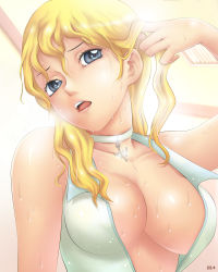 Rule 34 | 00s, 1girl, adjusting hair, bare shoulders, blonde hair, blue eyes, breasts, choker, claymore (series), cleavage, flora (claymore), head tilt, jewelry, khalitzburg, large breasts, necklace, no bra, open mouth, shiny skin, solo, wavy hair, wet