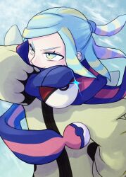 Rule 34 | 1boy, blue background, blue eyes, blue hair, blue scarf, commentary request, creatures (company), game freak, grusha (pokemon), highres, jacket, male focus, medium hair, nastar r0, nintendo, pokemon, pokemon sv, red scarf, scarf, smile, solo, trap, two-tone scarf, yellow jacket