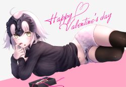Rule 34 | &gt;:(, 1girl, ahoge, black sweater, black thighhighs, blush, breasts, chocolate, fate/grand order, fate (series), from side, frown, happy valentine, headpiece, jeanne d&#039;arc (fate), jeanne d&#039;arc alter (avenger) (fate), jeanne d&#039;arc alter (fate), large breasts, licking, licking finger, long sleeves, looking at viewer, looking to the side, lying, omizu (omz), on side, ribbed sweater, short hair, shorts, silver hair, solo, sweater, thighhighs, tongue, tongue out, v-shaped eyebrows, yellow eyes