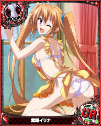 Rule 34 | 1girl, apron, bikini, blush, breasts, card (medium), character name, chess piece, closed mouth, high school dxd, large breasts, long hair, looking at viewer, navel, official art, orange hair, purple eyes, rook (chess), shidou irina, solo, swimsuit, trading card, twintails, very long hair