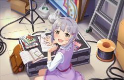 Rule 34 | 10s, 1girl, artist request, bag, blush, book, brown eyes, charm (object), cupboard, eraser, hair ornament, hairclip, holding, holding pencil, idolmaster, idolmaster cinderella girls, idolmaster cinderella girls starlight stage, instrument case, koshimizu sachiko, long sleeves, looking at viewer, notepad, official art, open mouth, paper, pencil, pencil case, plastic bag, purple hair, school bag, short hair, solo, sweatdrop