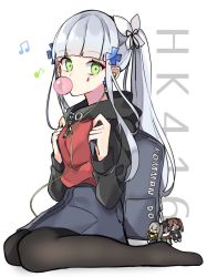 Rule 34 | 1girl, 404 (girls&#039; frontline), alternate costume, alternate hairstyle, aogisa, backpack, bad id, bad twitter id, bag, blunt bangs, blowing bubbles, character name, chewing gum, doll, earphones, g11 (girls&#039; frontline), girls&#039; frontline, green eyes, hk416 (girls&#039; frontline), long hair, pantyhose, ponytail, silver hair, solo, ump45 (girls&#039; frontline), ump9 (girls&#039; frontline)
