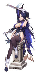 Rule 34 | 1girl, adapted costume, antique firearm, blue cape, blue hair, breast curtains, breasts, cape, clorinde (genshin impact), corset, firearm, full body, genshin impact, gun, hat, highres, holding, holding gun, holding sword, holding weapon, jurrig, large breasts, leotard, pedestal, purple eyes, sitting, solo, sword, tricorne, weapon