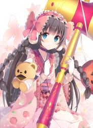 Rule 34 | 1girl, blue eyes, bow, braid, bug, butterfly, copyright request, dress, flower, gloves, headdress, holding, holding mallet, bug, long hair, looking at viewer, mallet, pink dress, red bow, rento (rukeai), smile, stuffed animal, stuffed toy, teddy bear, white gloves
