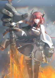 Rule 34 | 1girl, absurdres, arknights, arm strap, black dress, black gloves, black jacket, breasts, cleavage, demon horns, detached collar, dress, elite ii (arknights), feet out of frame, fingerless gloves, fire, gloves, hair between eyes, highres, holding, holding sword, holding weapon, horns, jacket, kusami toka naku au, large breasts, looking at viewer, off shoulder, open clothes, open jacket, red eyes, red hair, sleeveless, sleeveless dress, solo, spaghetti strap, surtr (arknights), sword, thighhighs, weapon